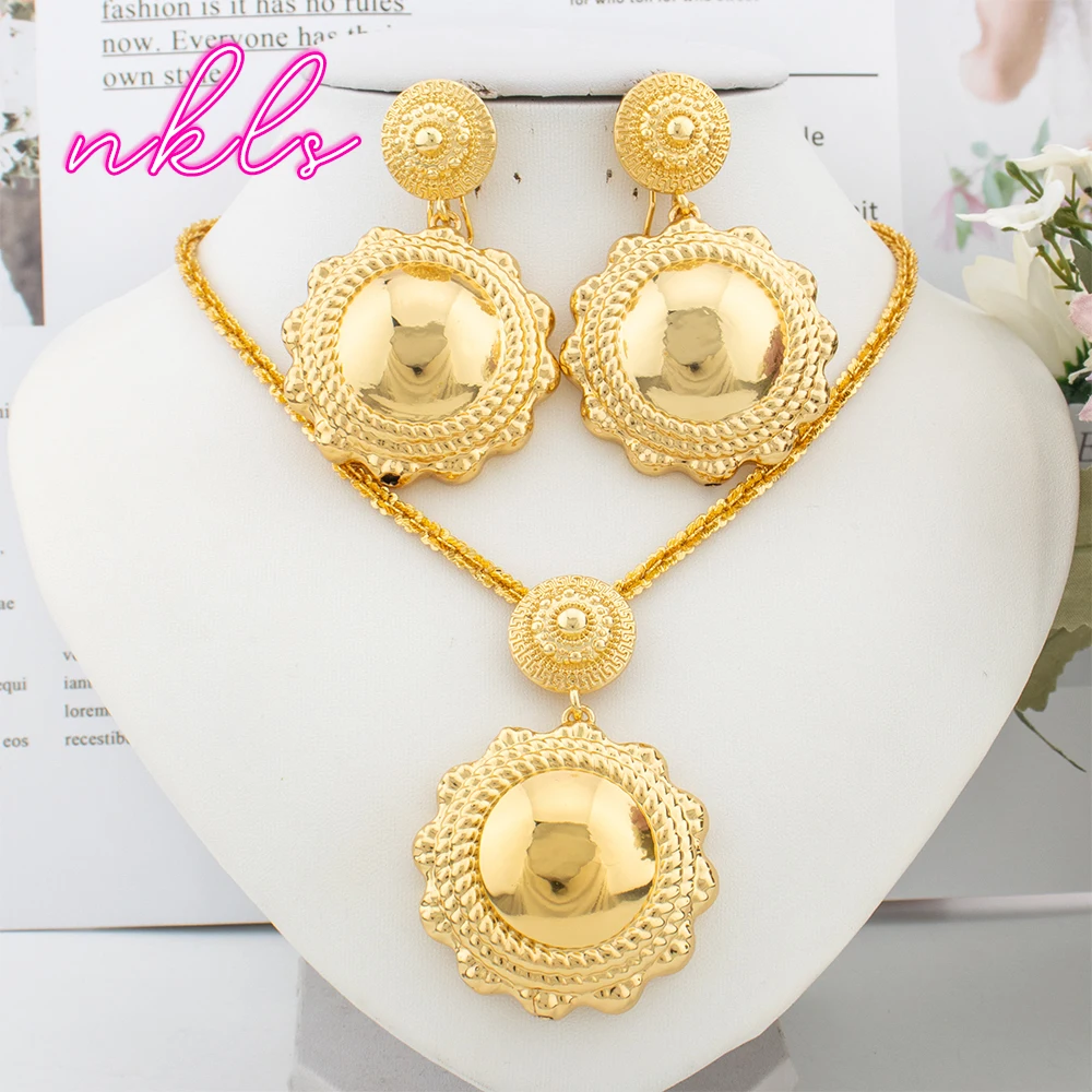 Women Necklce Earring 2 Pcs Jewelry Set Large Pendant Gold Plated Luxury Nigeria Dubai Gold Color Jewelry Sets For Women