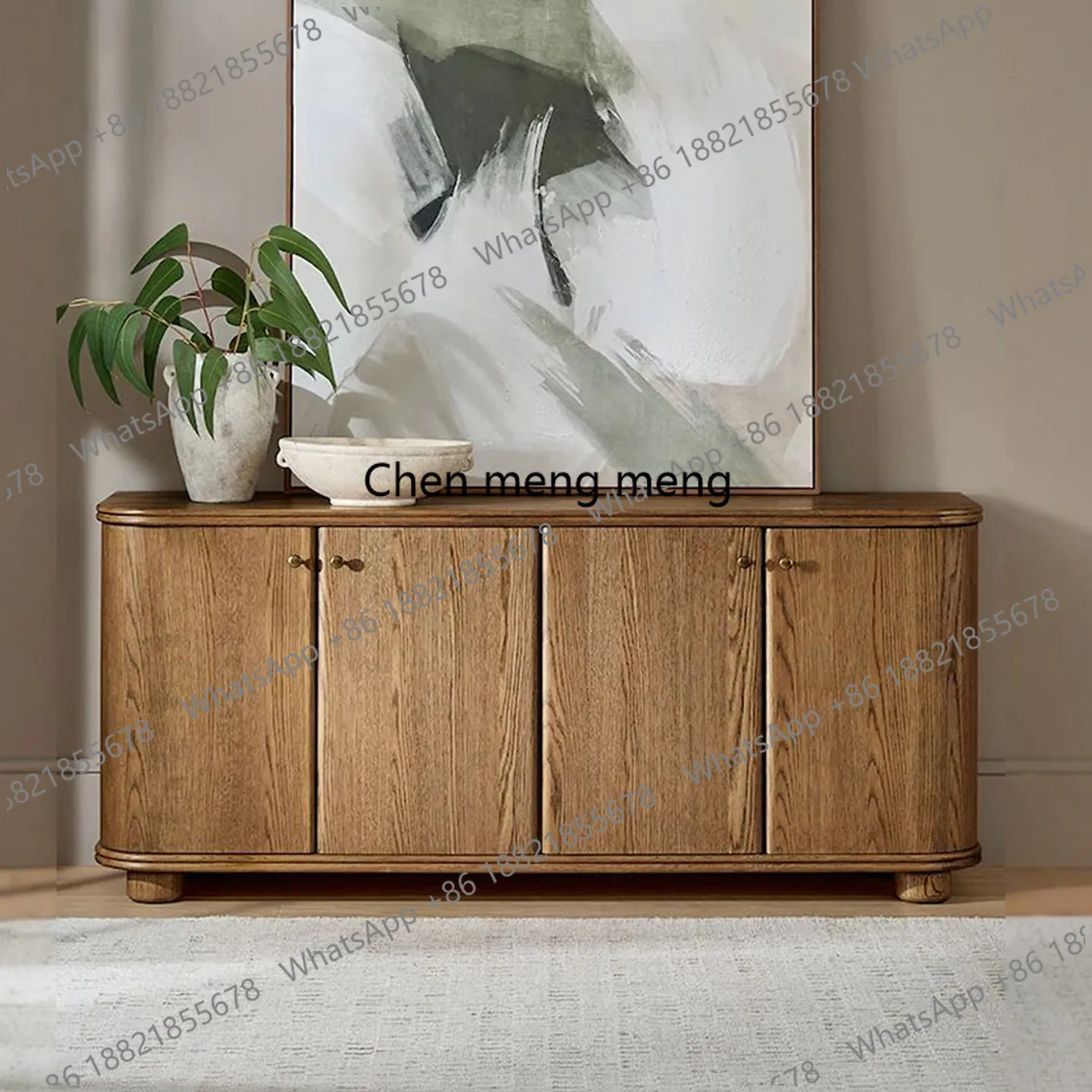 

American retro solid wood arc side cabinet storage, living room and dining room old storage, side cabinet