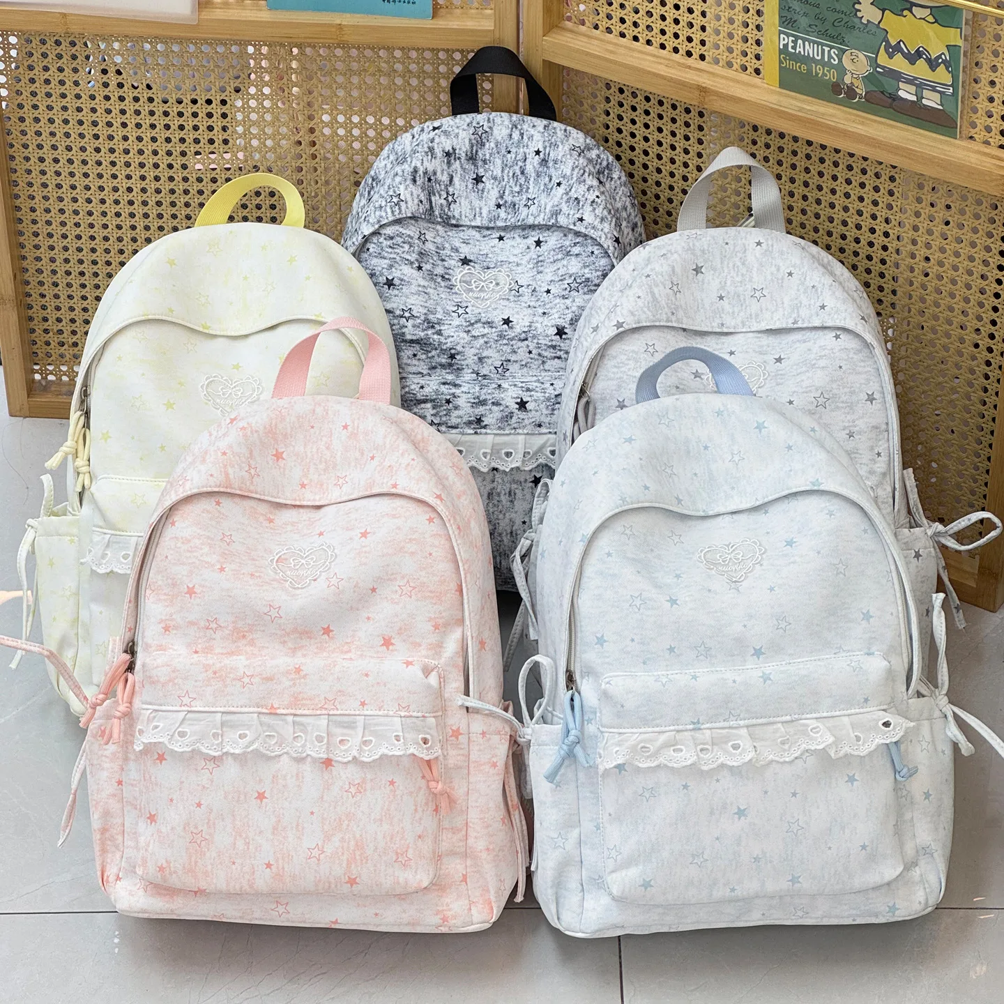 Compact nylon fabric five-pointed star backpack for girls, cute pendant for school bag, quirky travel backpack
