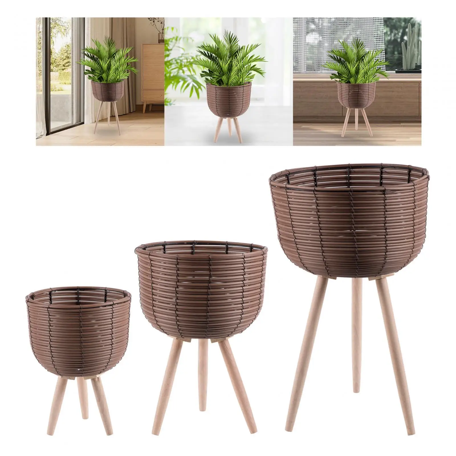 3 Pieces PP Woven Rattan Plant Pot Stand with Wooden Legs for Home Office