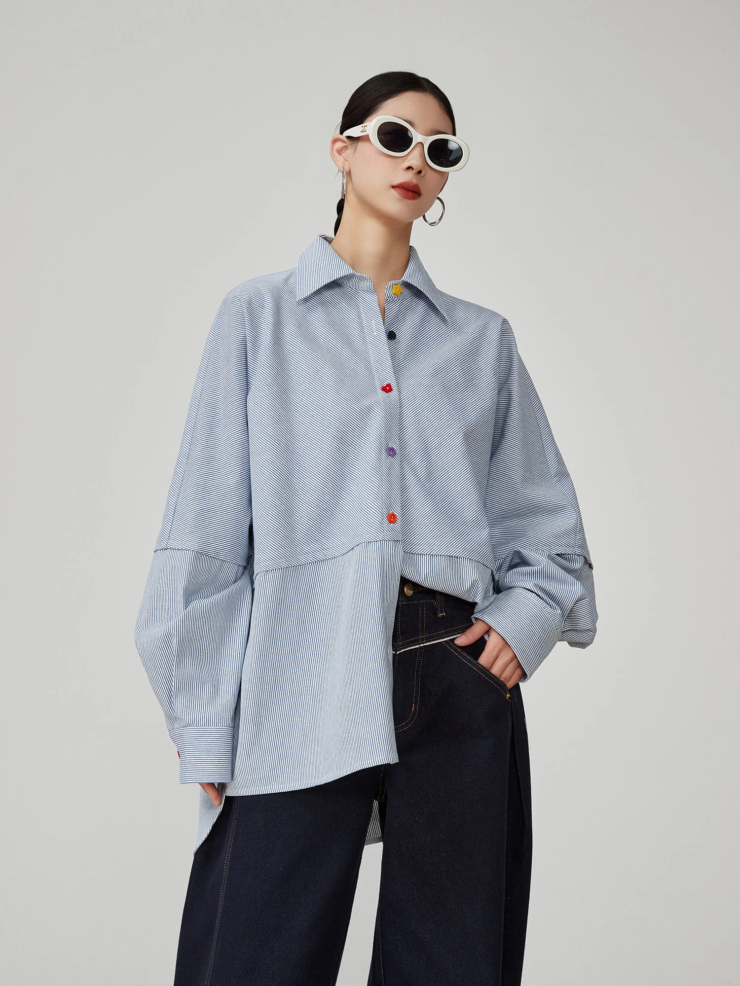 

Loose Women's Blue Striped irt Spring New Sle Lazy Sle Outerwear Faionable Polyester Fiber Long Sve Button up