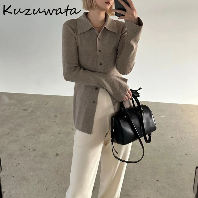 Kuzuwata Vintage Turn-Down Collar Flare Sleeve Jumper Single Breasted Solid Stripe Pull Femme Japan Fashion Soft Simple Tops