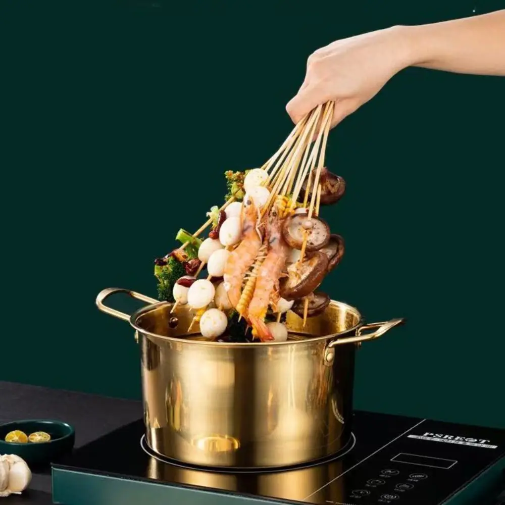 Kitchen Cookware Stainless Steel Korean Ramen Pot Double Handle with Lid Stew Pot Rust Resistant Gold Soup Cooking Pot Porridge