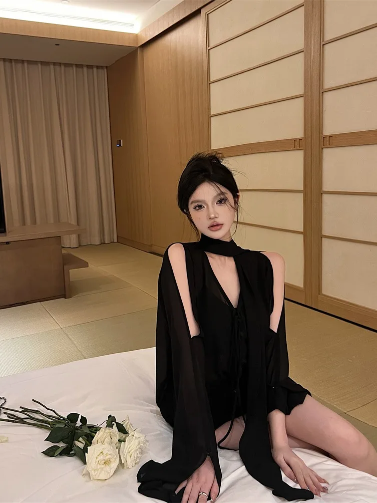 

Black Sash Shoulder Bared Long Sleeve Chiffon Shirt Women Early Autumn Elegant Loose Shirt Design Unique Top Commute Style Ko...