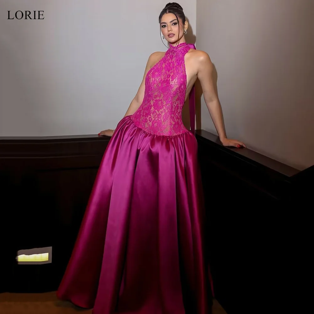 LORIE Elegante Satin-Partykleider, sexy Spitze, ärmellos, A-Linie, Abendkleid, drapiert, für formelle Anlässe, Abendkleid, individuell gestaltet