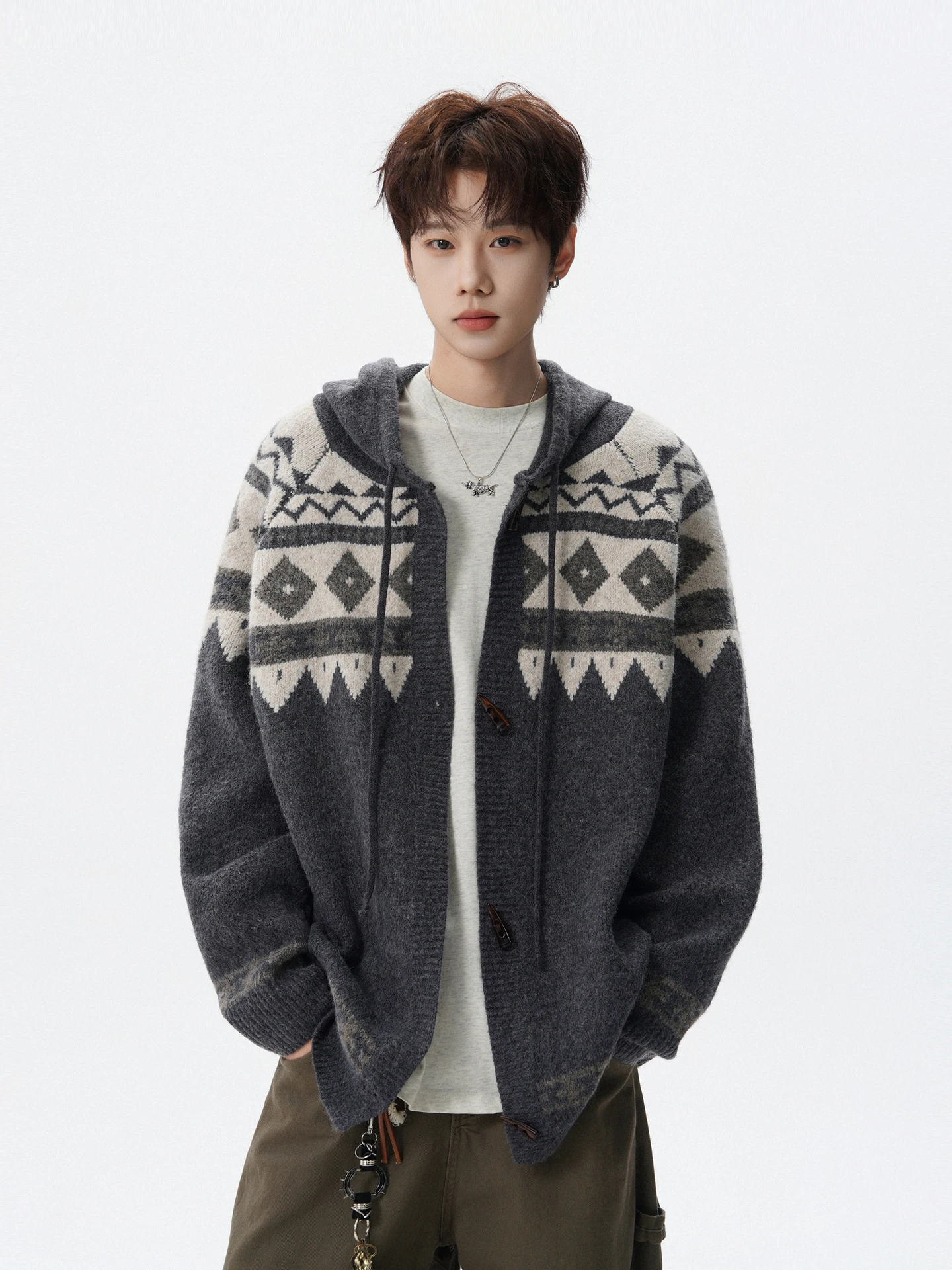 

Autumn and Winter Retro Jacquard Hooded Knitted Sweater Men's and Women's Trendy Brand Loose Zipper Cardigan Sweater