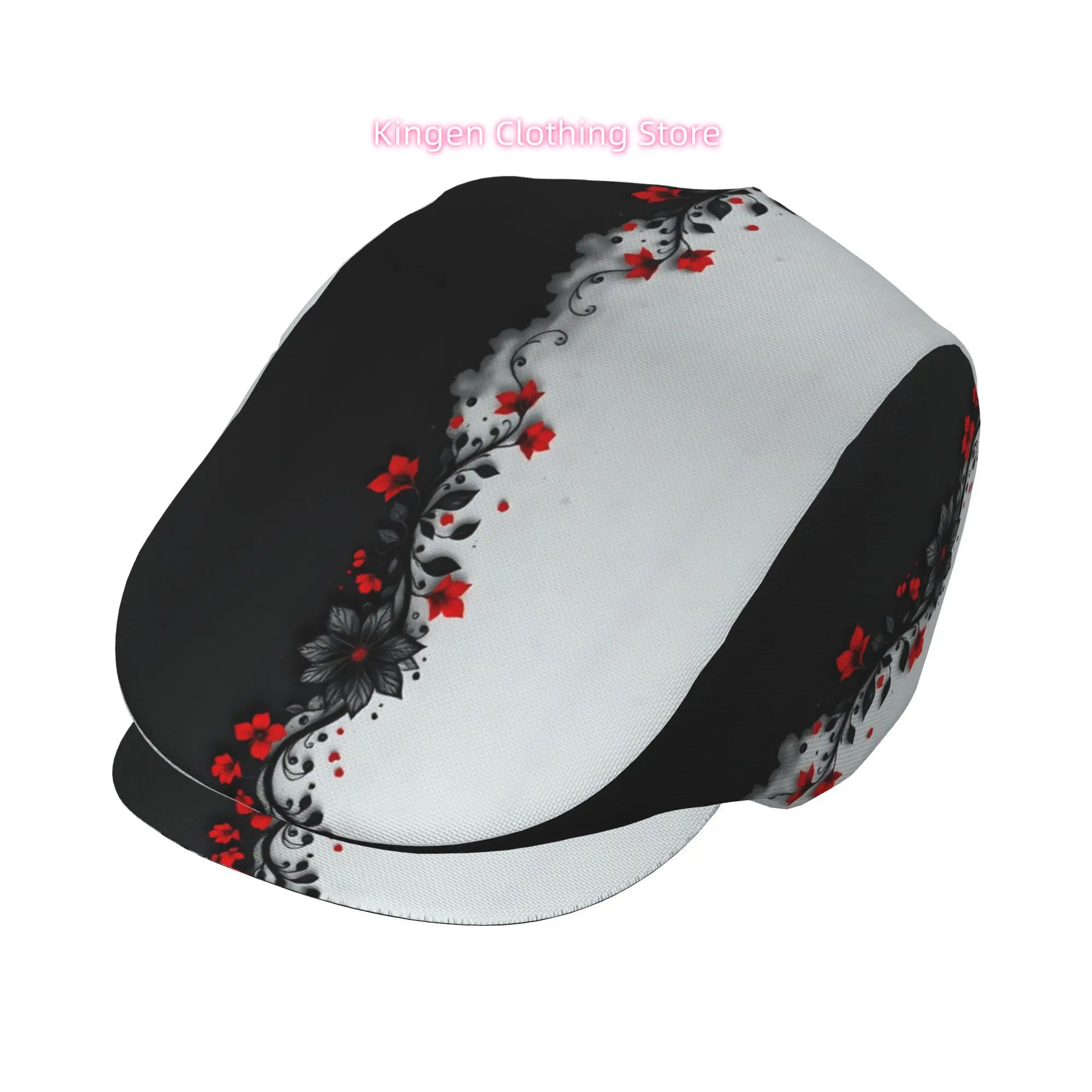 1pc Red Black Floral Swirl All-Over Print Flat-Top Hat Suitable for Men & Women, Retro Newsboy Cap, Beret, Irish Driver Cap, Pai