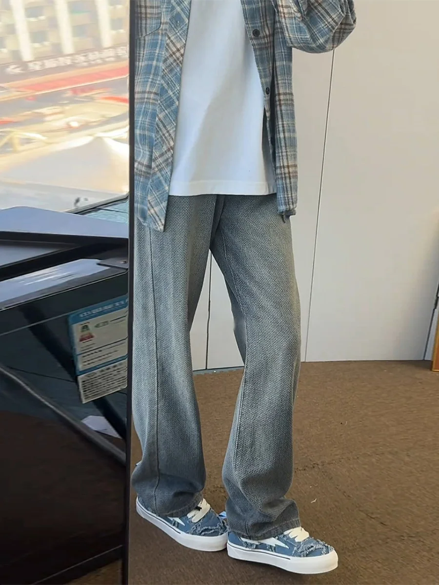 

Американские ретро-джинсы синего цвета с узором, мужские, летние, тонкие, свободные, прямые, слегка расклешенные, повседневные, молодежные, популярные