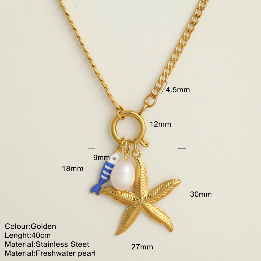 Collana con ciondolo in acciaio inossidabile da donna dorato serie Ocean, perla d'acqua dolce, piccola conchiglia di pesce, conchiglia, gioielli da donna