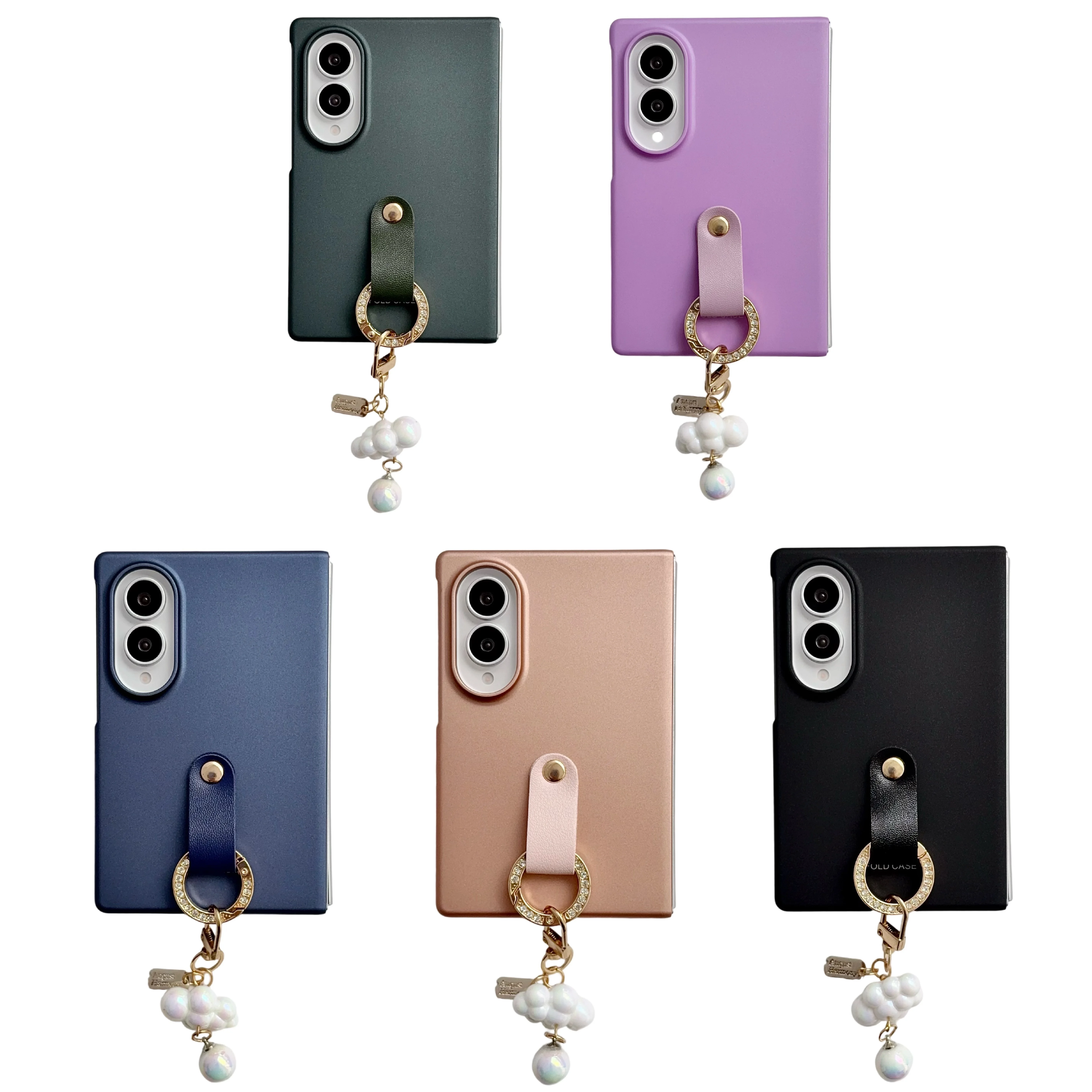 For Samsung Galaxy Z Fold 8 Wide Case, Luxury Matte Hard PC Phone Cover With Pearl Chain Ring Holder Anti-drop Protective Shell