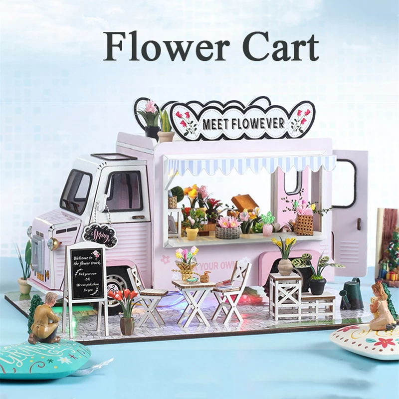 DIY Wooden Miniature Model Kit Flower Cart Casa Doll Houses 3D Puzzle Dollhouse With Furniture LED Lights for Friends Gifts