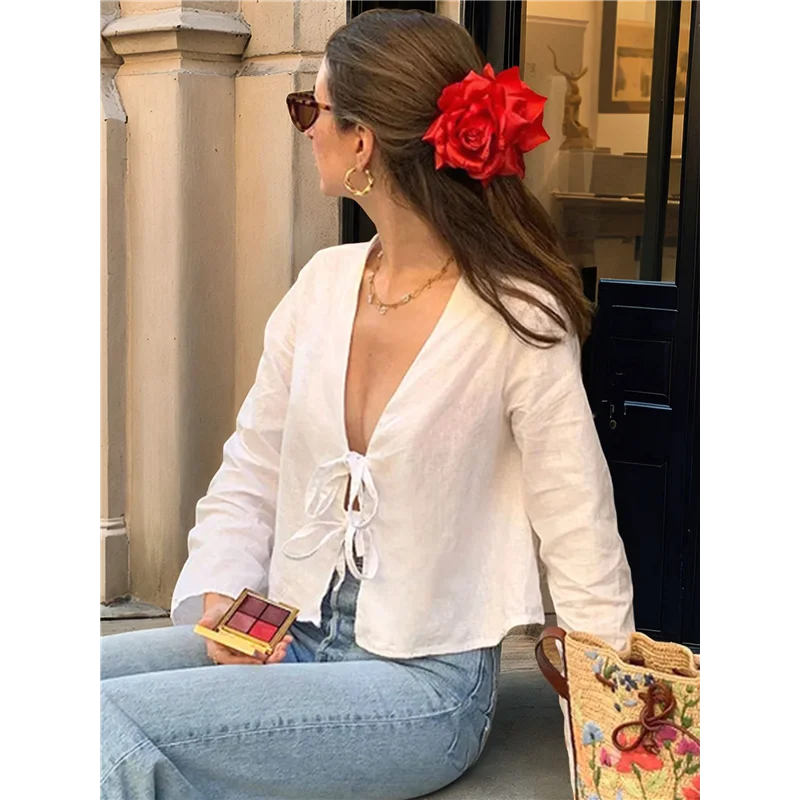 AOAO-Tie sul davanti per donna Camicie in cotone Y2K Manica svasata Scollo a V Abbigliamento Casual Lace Up Bow- Camicette