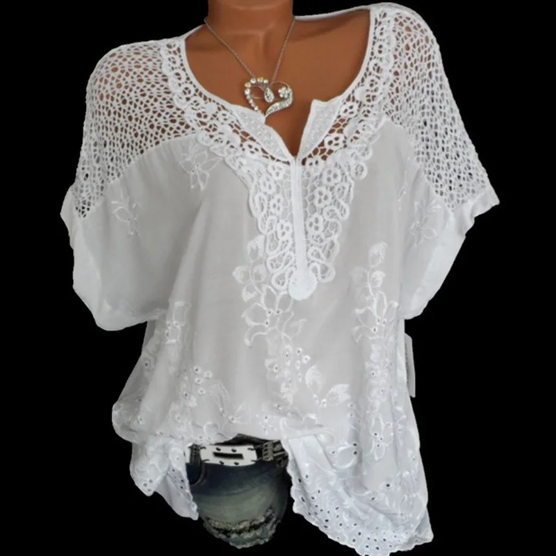 

2023 Summer Short Sleeve Womens Blouses and Tops Loose White Lace Patchwork Shirt 4xl 5xl Women Tops Casual Clothes