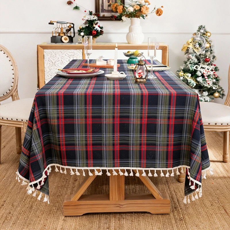 1Pc Christmas Grid Tassel Tablecloth, Holiday Party, Homestay Restaurant, Living Room Decoration,Multiple Dining Tables Suitable