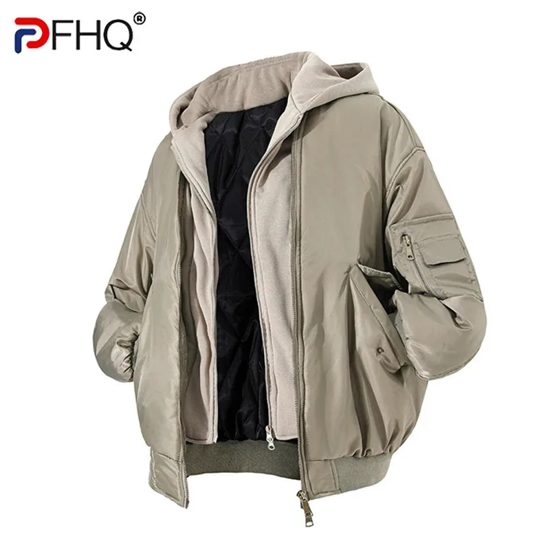 PFHQ Winter New Fashion Versatile Cotton Coat 2024 Patchwork With Hat Zipper Long Sleeve Streetwear Male Tops 24E5855