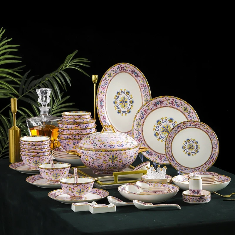 Palace bone china tableware 70 pieces Chinese household rice bowls vegetable plates vinegar saucers