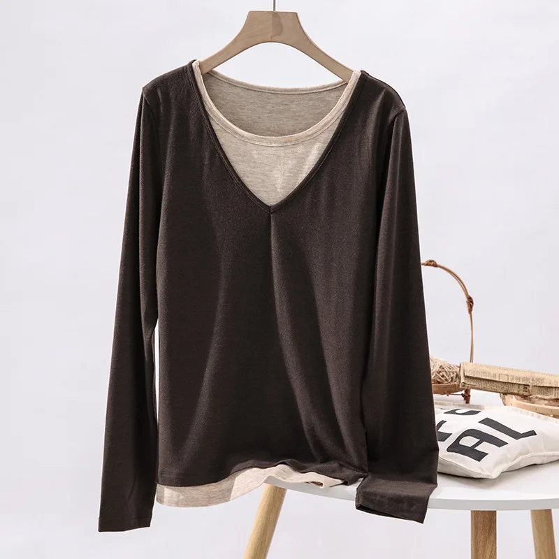 Casual Long Sleeve T-Shirt Tees Solid Pacthwork Blouses For Women Fashion All Macth Pulovers Shirts Korean Popular Clothes