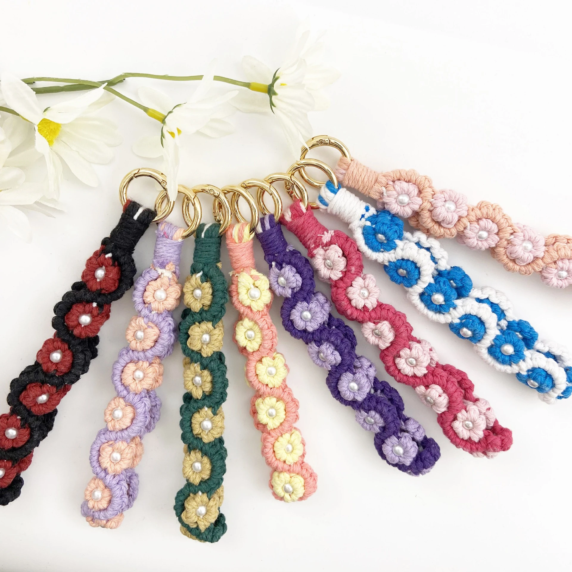 Flower Rose Key Ring Rustic Non-Handmade Hand-Woven Wristband Keychain Flower Explosive Style Diy Hand-Woven Wrist Keychain