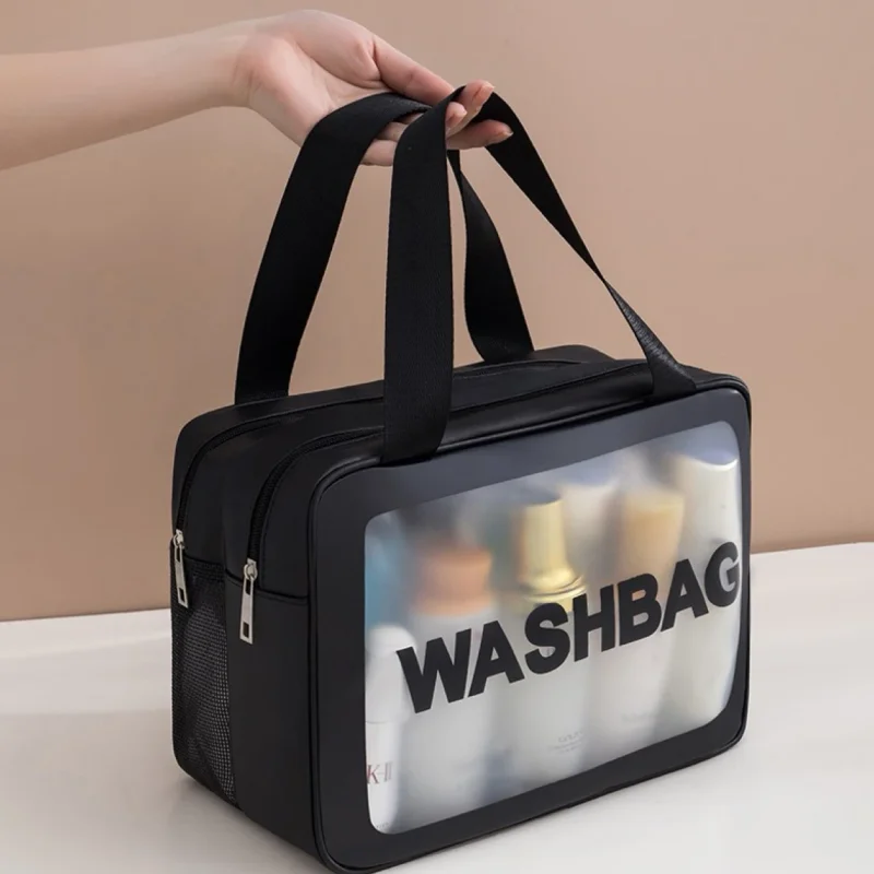 حقيبة مكياج شفافة من البولي يوريثان بطبقة مزدوجة مقاومة للماء وفصل جاف ورطب لتخزين مستحضرات التجميل المحمولة للسفر والصالة الرياضية والسباحة