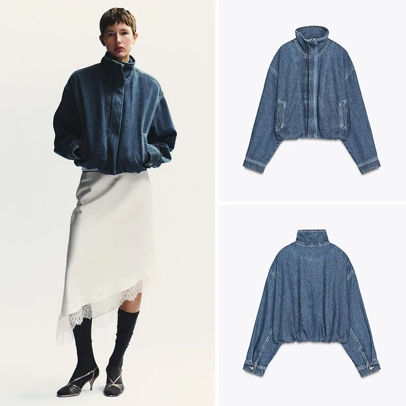 

Новое осеннее поступление, женское джинсовое джинсовое джинсовое платье на молнии с простым воротником-стойкой, французская верхняя одежда