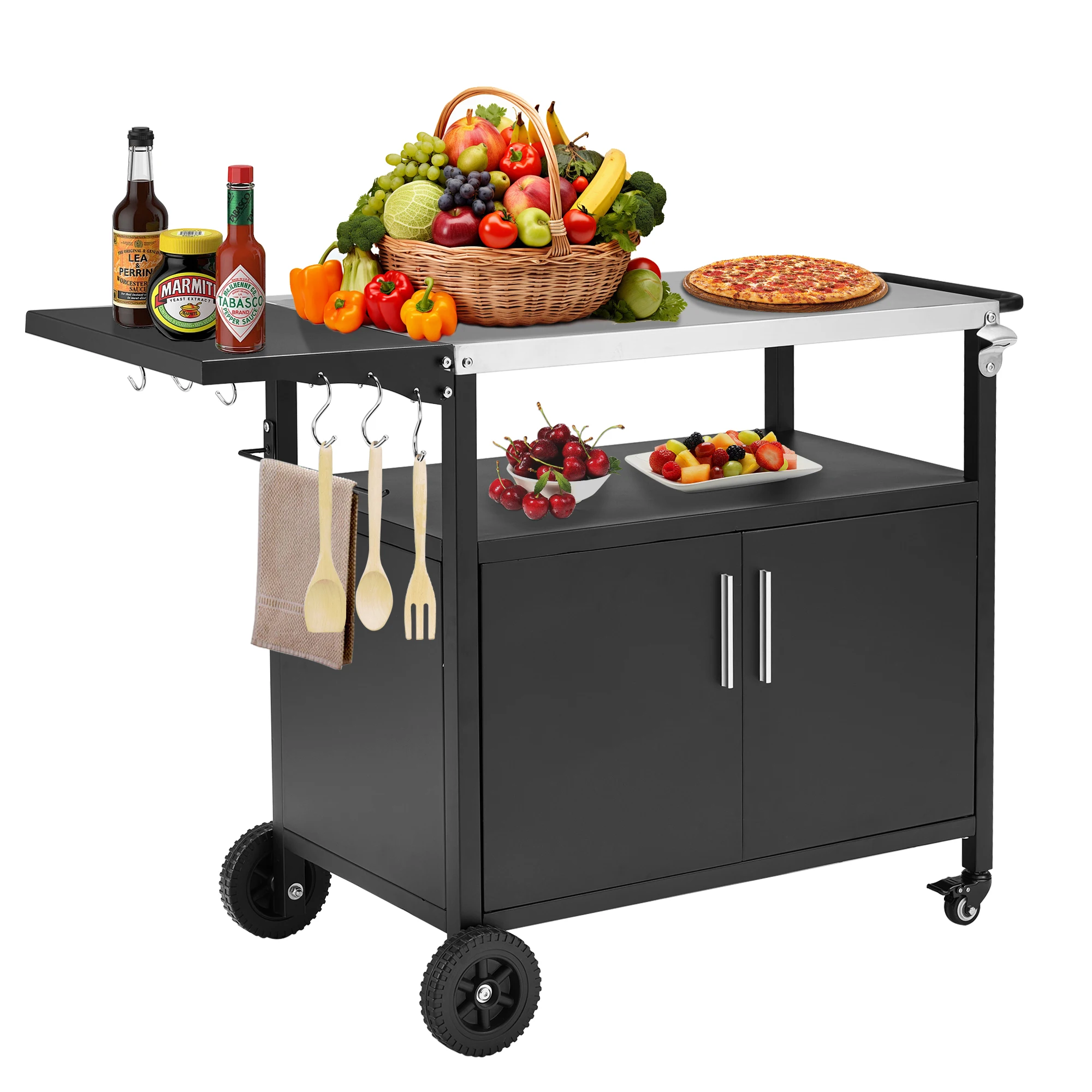 Portable Outdoor BBQ Kitchen Island Car Stainless Steel Top Dining Table with Wheels Grill Car