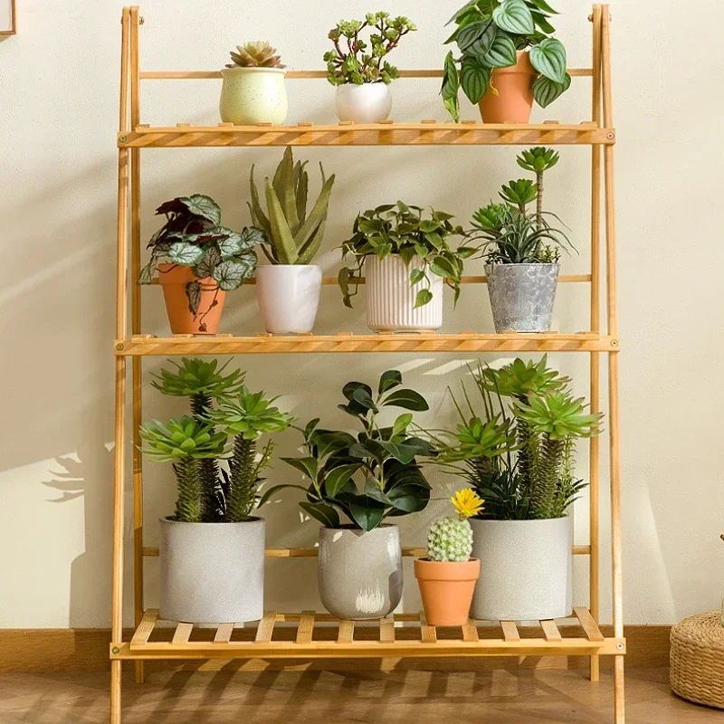Balcony flower stand indoor simple solid wood decorative flower pot stand floor-to-ceiling trapezoidal shelf hanging basket