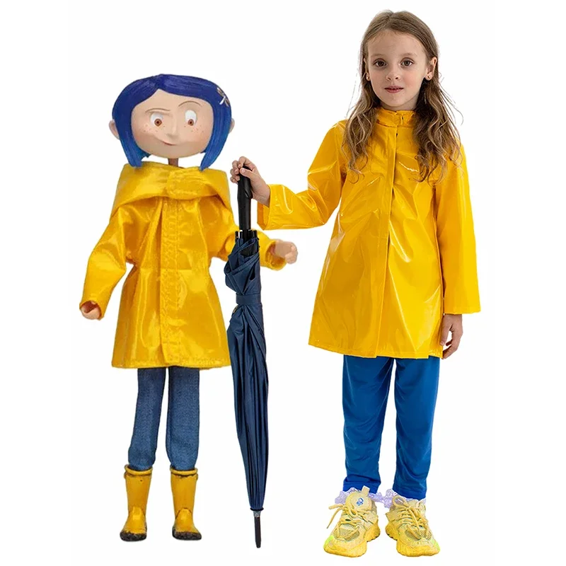 Horror Fairytale Movies Coraline Cosplay Costume Wig Yellow Coat Secret Door Adult Kid Women Halloween Party Scary Roleplay Suit