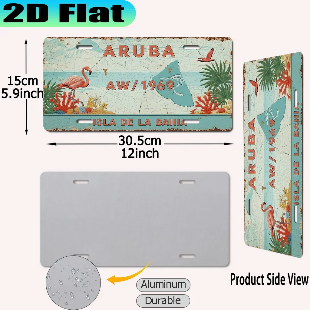 Aruba Isla De La Bahia AW/1969 Vintage License Plate Metal Wall Plaque, 2D Flat Printing with Tropical Flamingo Pattern