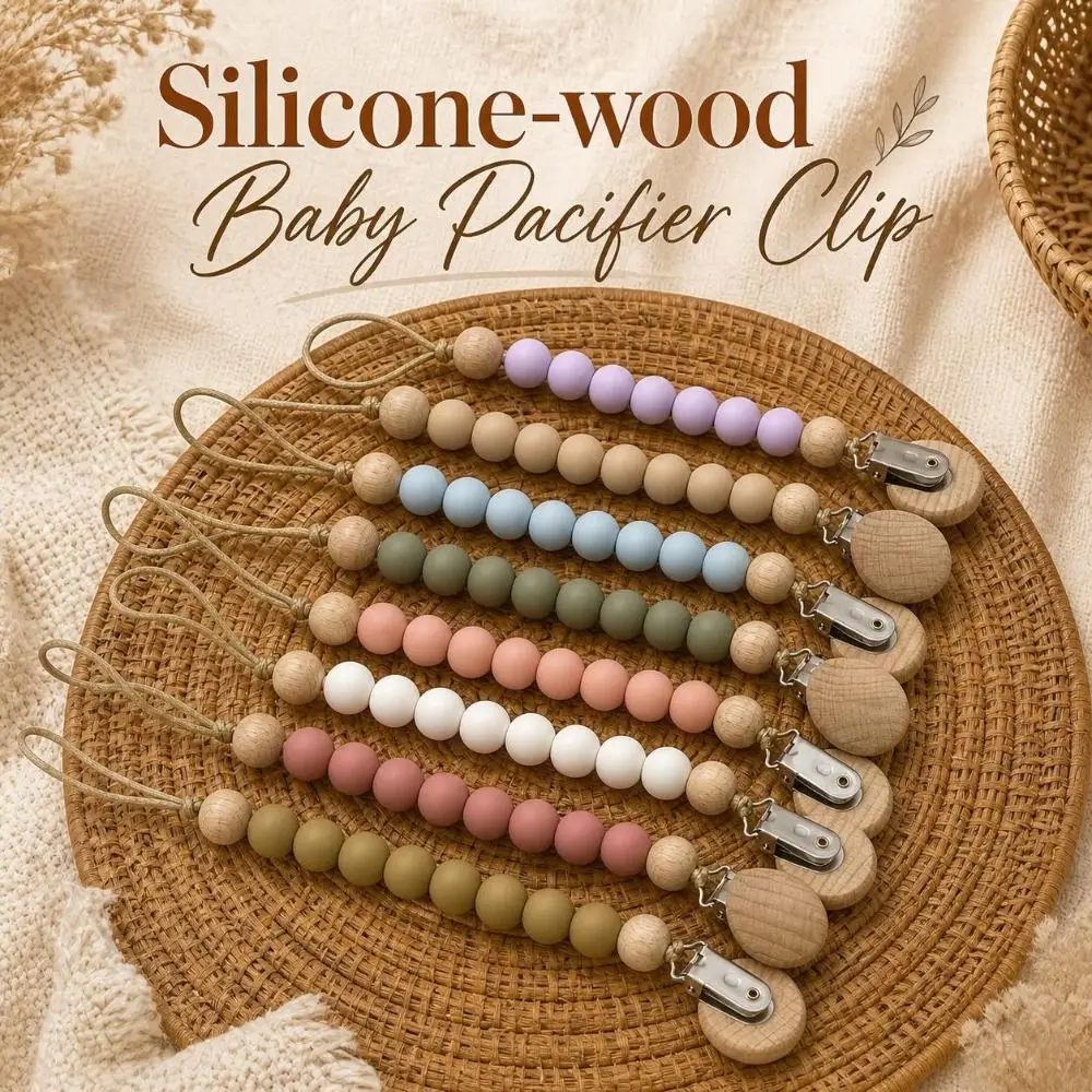 Silicone Wood Pacifier Clip Food Grade Teething-Safe Baby Teething Chain Lightweight Wear-Resistant Soother Holder Infant