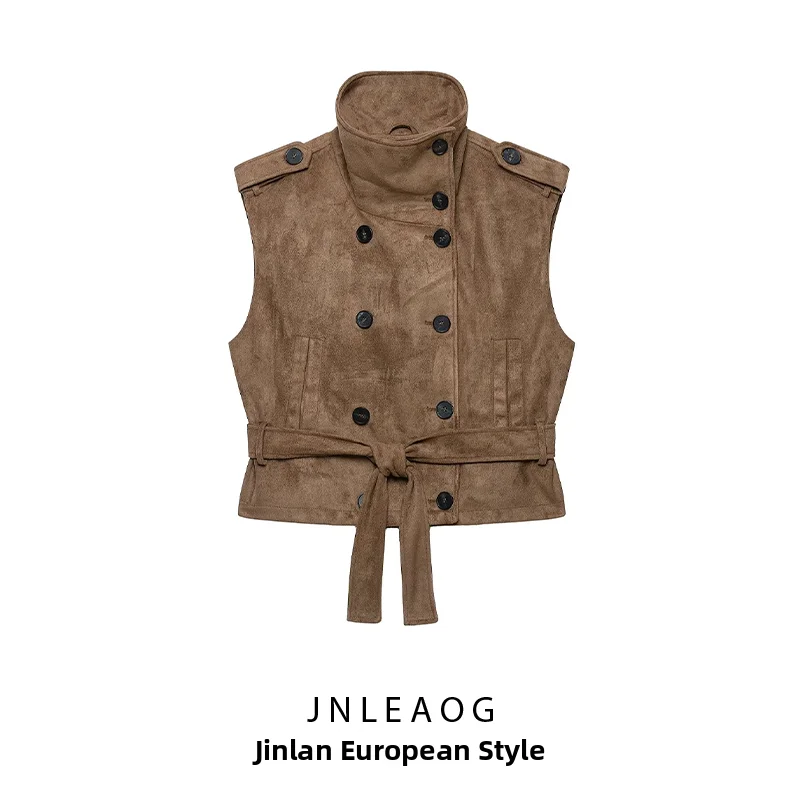 Fashionable Faux Suede Vest with Belt Autumn New Arrival Women's Clothing JNLEAOG Commute Style Polyester Casual Outerwear
