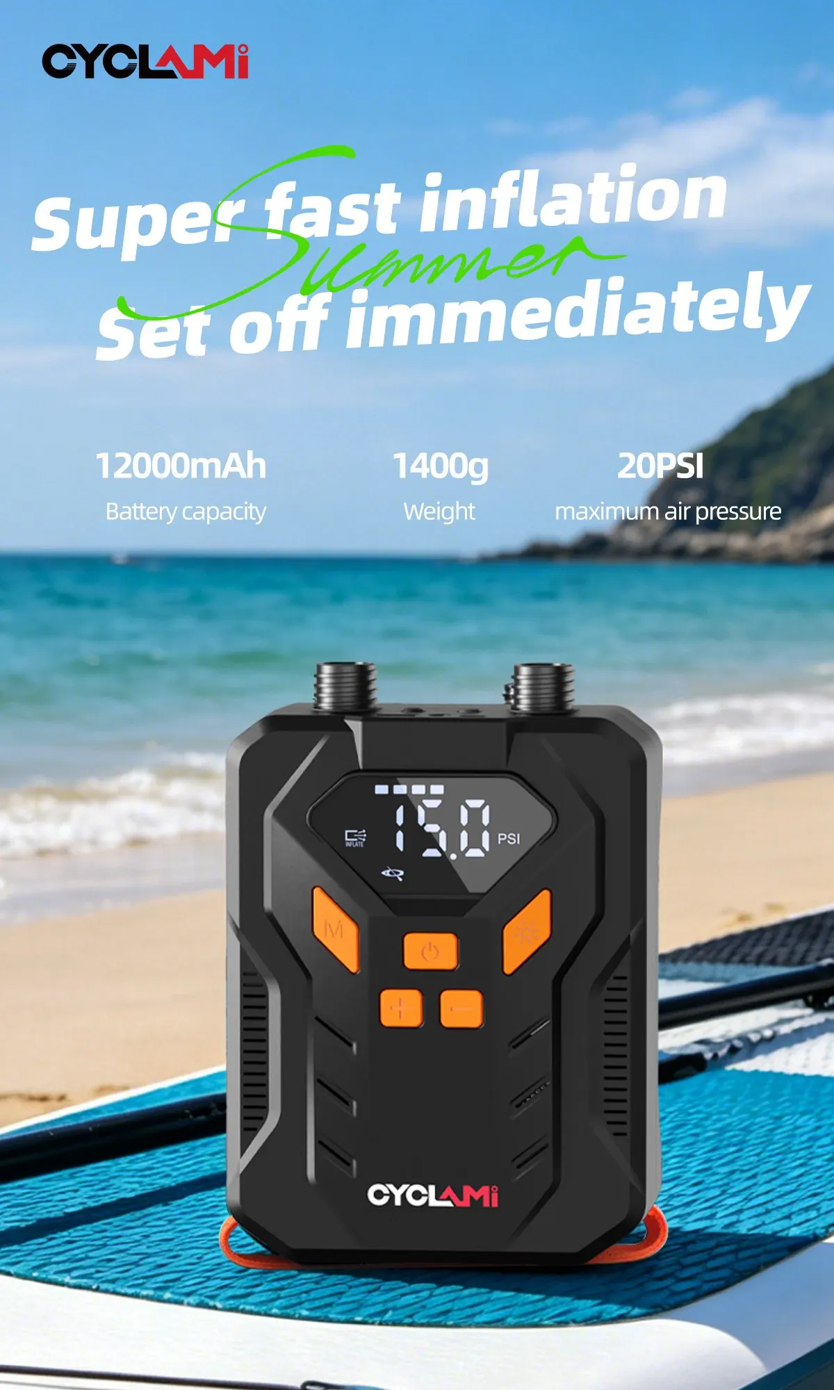 20PSI SUP-Pumpe Stand-Up Paddle 12000mAh Hochleistungs-Luftpumpe für aufblasbare PVC-Boote, Kajaks, Surferzubehör, Kite-Matratzen, Zeltmatratzen – Detail 11