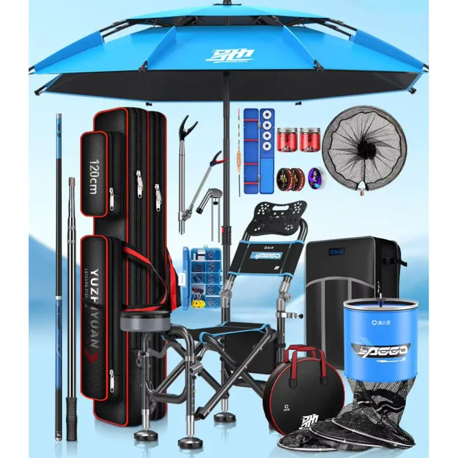 

Fishing Tools Set Full Kit With Fishing Rod Pole ,Chair,Bucket,Bag,Umbrella,Fish Guard,Line,Net,Baits Hooks Tackle Accessories