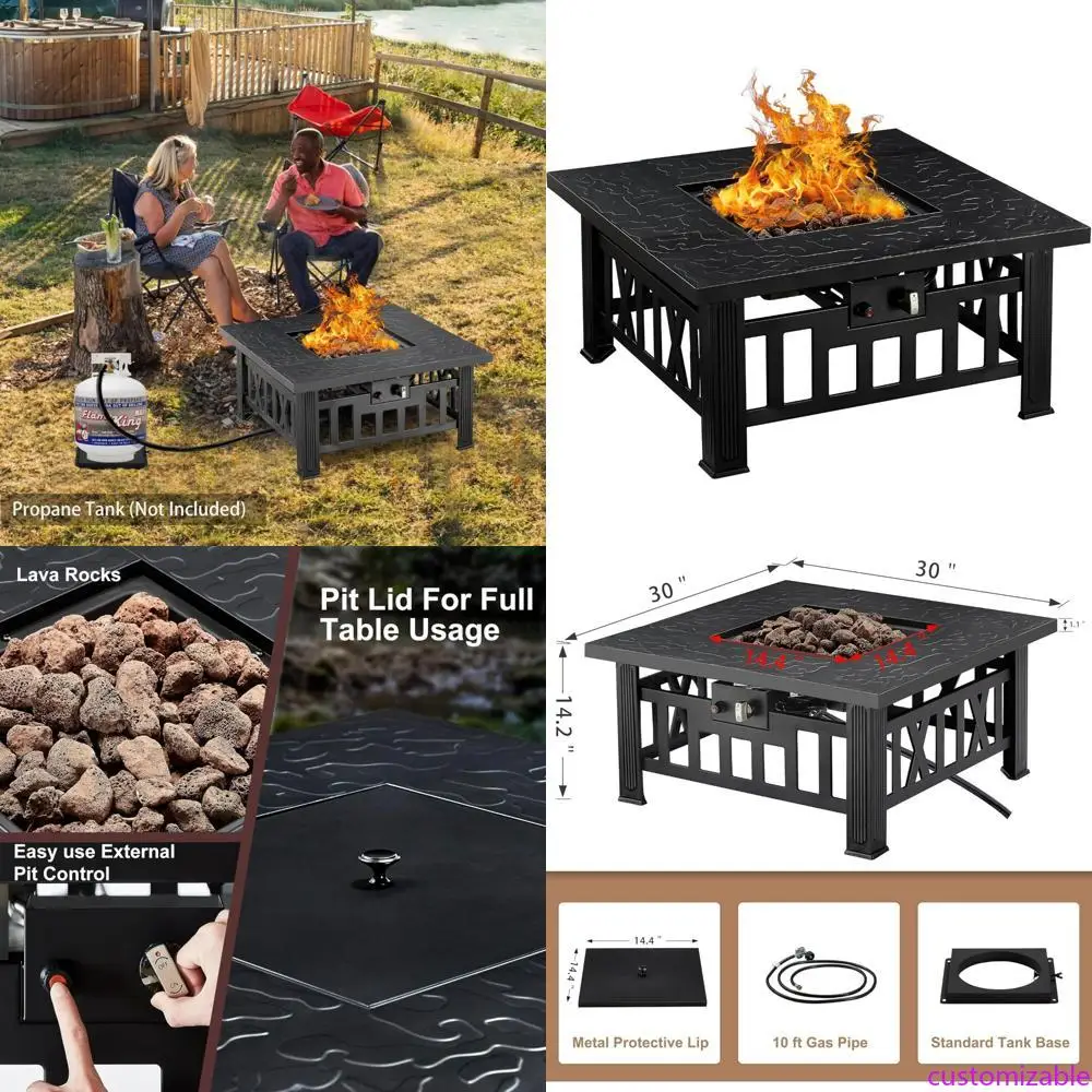 

30 Inch Outdoor Propane Gas Fire Table with 50,000 BTU, Square Design, Adjustable Flame, Lava Rocks, and Lid Included
