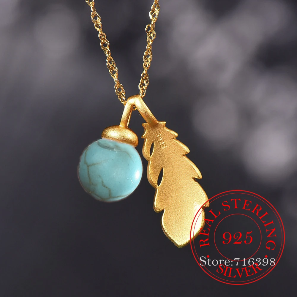 925 Sterling Silver Jewelry 18K Gold Plated Turquoise Ball Feather Pendant Necklaces for Women Wedding Party Jewelry Gift