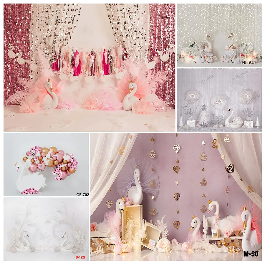 Pink Swan Princess Crown Photography Backdrop Swan Ballet Dancer Butterfly Flower Baby Girl Birthday Party Photo Background Deco