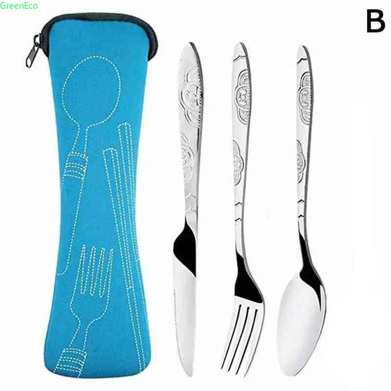 Portable 3 Piece Steel Cutlery Set for Camping and Traveling