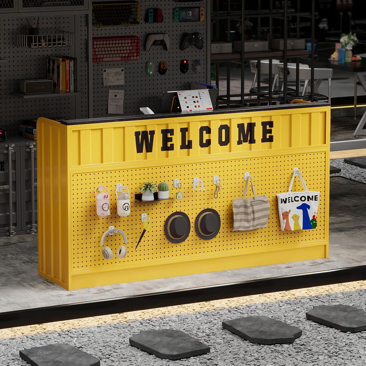 Bar checkout page store small counter milk tea shop tide play shop hole board display industrial style front desk