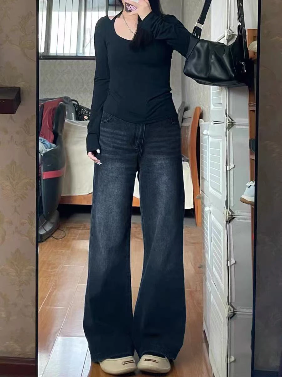 

Прямые джинсы больших размеров с высокой талией, женские весенне-осенние свободные широкие брюки длиной до пола для грушевого тела