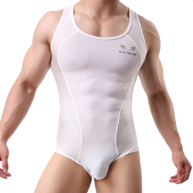 Mens Bodysuits Sexy Mesh Breathable One-piece Undershirts Vest Jumpsuits Fitness Wrestling Singlet Gym Sport Leotard Men Rompers