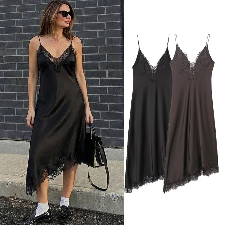 Women's Sexy Strap Dress Fall Fashion High Street Lace-Trimmed Satin Feel Sleeveless Skirt Solid Color Irregular Long Petticoat