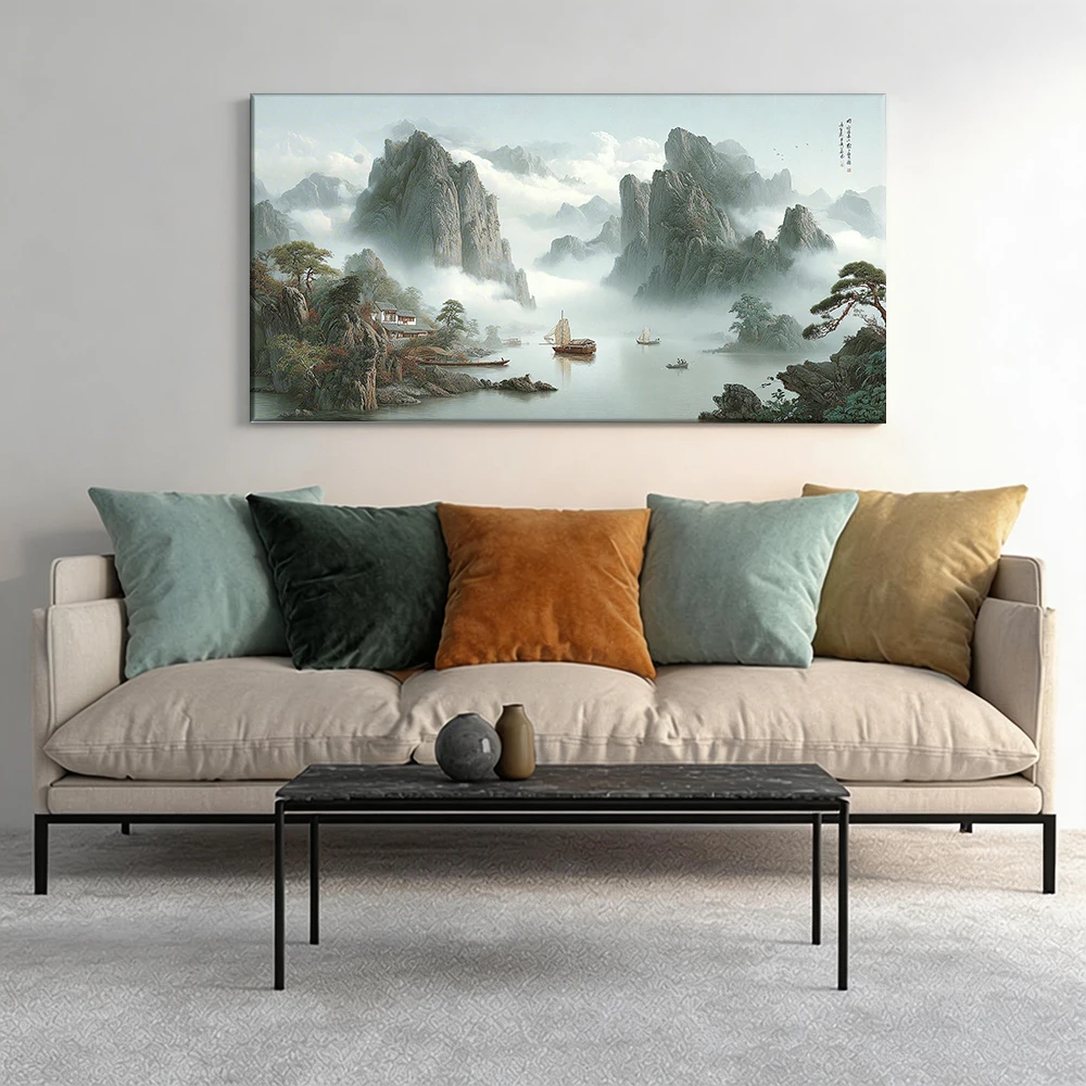 

Large-sized solid wood frame canvas painting 1pc Chinese landscape, mountains, mist.