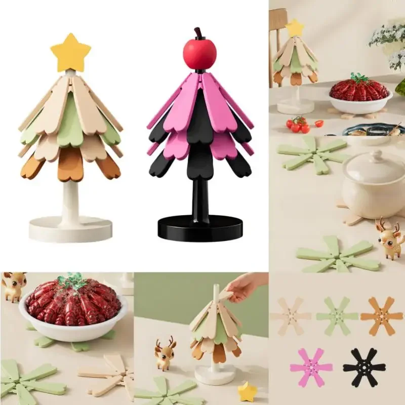 Christmas Tree Silicone Coaster Waterproof Heat Resistant with 4 Detachable Coasters Pot Teapots Drink Holders Christmas Decor