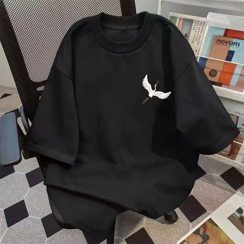 Chinese Wind Flying Crane Print Cotton Men T-Shirt Summer Breathable Loose Women T-Shirt Oversized Casual Short Sleeve Tops Tee