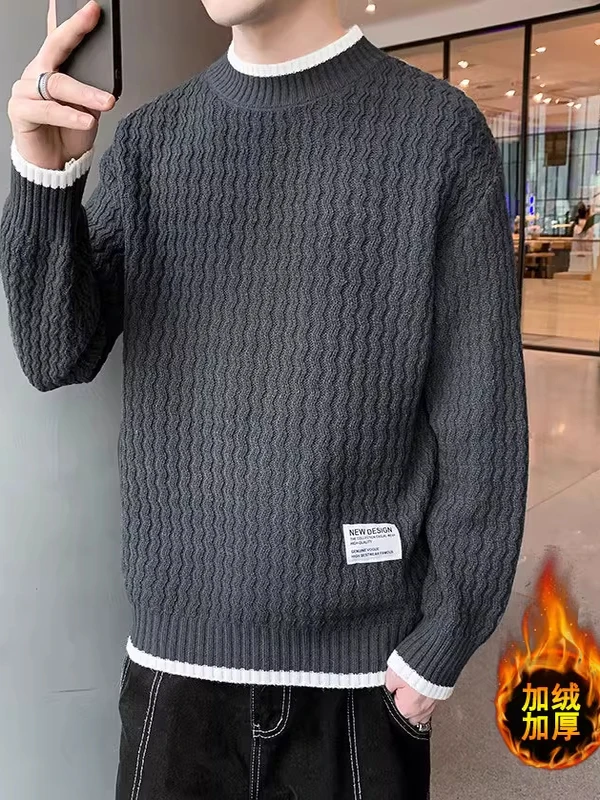 

Men's Wave Pattern Knit Sweater Thiened Fce Autumn Winter f High Collar Casual Sle Long Sve Knitted Top