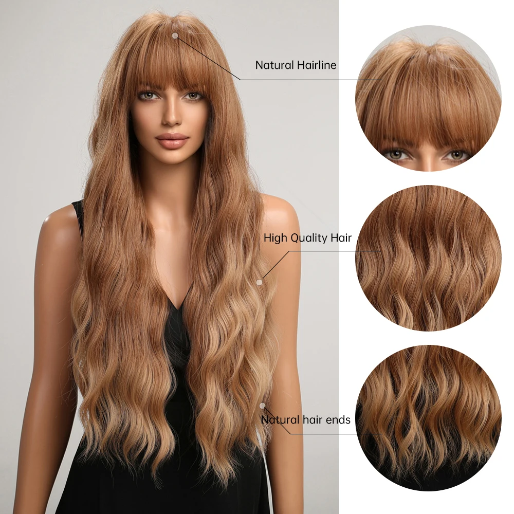 Long Honey Blonde Brown Wigs for Women 26in with Bangs Curly Wavy Wig Natural Looking Synthetic Heat Resistant Fiber Wig