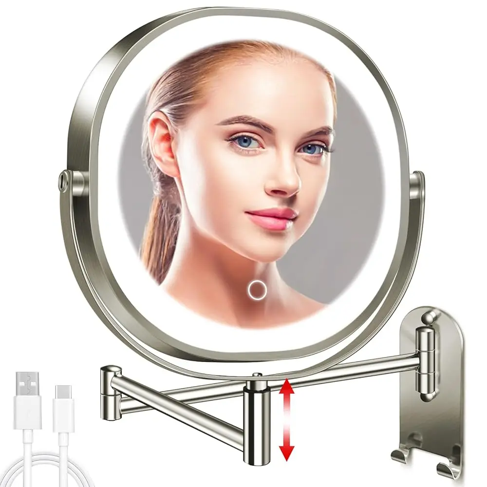 

9\ Wall Mounted Lighted Makeup Mirror, 3000mAh Rechargeable Double Sided 1X/10X Magnifying Mirror with Hook, 3 Color Lights D