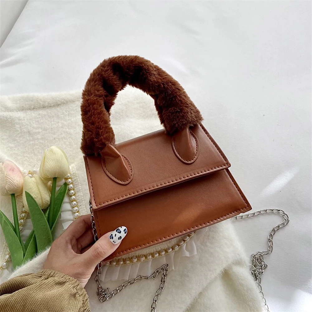 

Fashion Women PU Leather Plush Top-handle Bag Casual Solid Color Fluffy Handle Tote Bag Chain Small Flap Should Bags