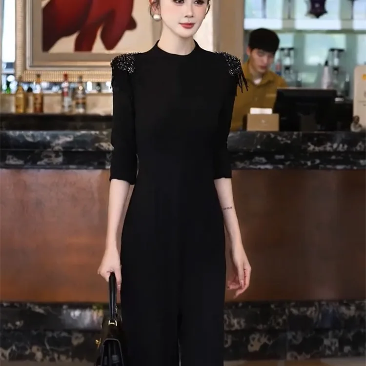 

Элегантные модные женские брюки-палаццо с широкими штанинами, декорированные бисером и бахромой, с эффектом стройности, повседневные, с высокой талией, на молнии, прямого кроя