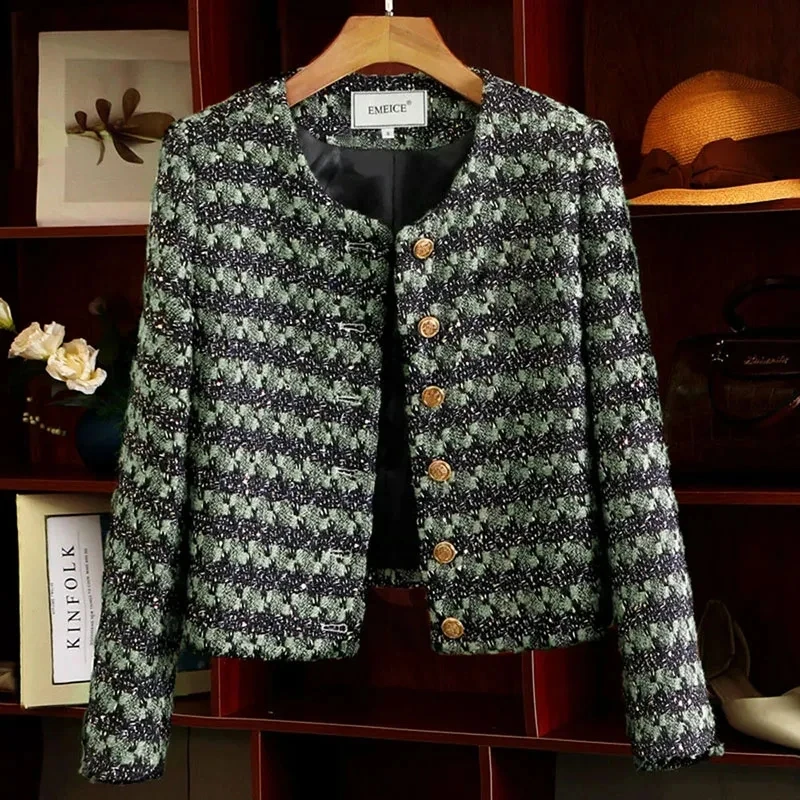 Spring Autumn New Plaid Women Tweed Jacket High Quality Long Sleeve Cardigan Female Korean Short Elegant Woolen Coats Female