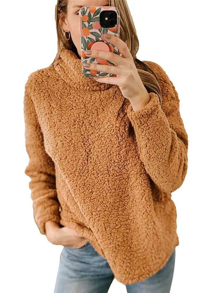 Women Winter Turtleneck Sweater Teddy Fleece Puffy Jumper Loose Sherpa Pullover Fluffy Tops Teddy Sweatshirts